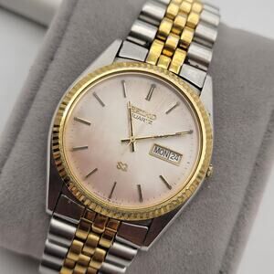Seiko SQ Watch 37mm Mens Gold Dial Gold Tone Daydate Round 5y23-8a69 New Battery
